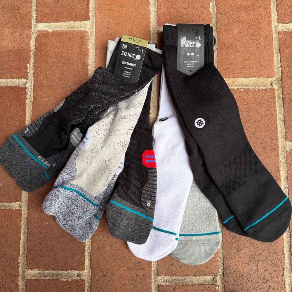 Stance $88 Performance Feel360 InfiKnit & Casual Crew Socks 6 Pair sz L 9-13 NEW